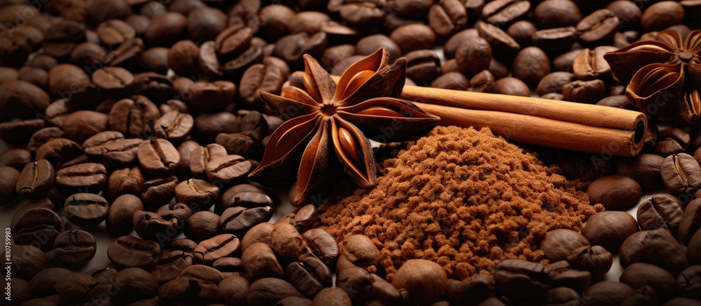 Poster a mixture of coffee grains and spices copy space image