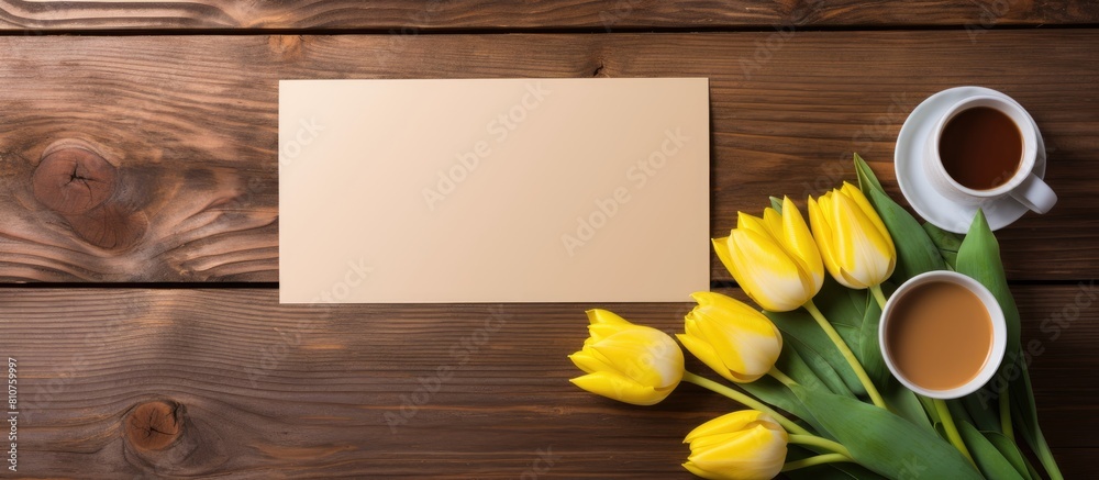 Poster top view of a brown wooden background adorned with a flat lay arrangement including a greeting card 