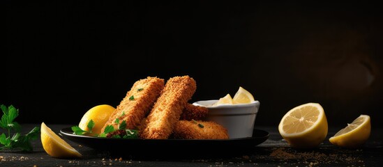 A close up view of fresh fish fingers coated in breadcrumbs served with sauce and a slice of lemon on a grey table providing ample copy space for the image