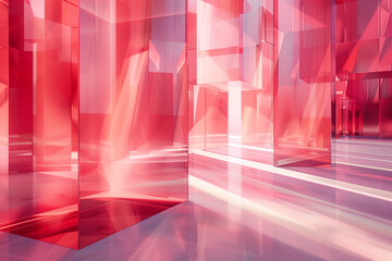 A digitally designed room featuring a red and white color scheme. The abstract composition - obrazy, fototapety, plakaty