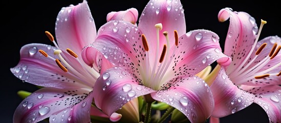 Fototapeta premium Pink Lily of the Incas Alstroemeria L pistil adorned with glistening nectar droplets showcased in a copy space image