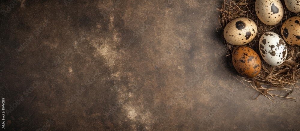 Aufkleber A top down view of quail eggs both intact and cracked placed on a rustic brown stone table The image includes a shadow and empty space for additional content Perfect for a banner or flat lay presenta