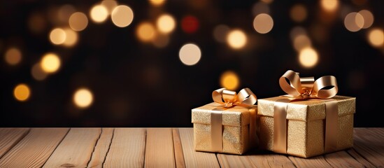 A festive themed image with holiday decorations and gift boxes placed on a wooden surface with ample empty space for any required use or modification
