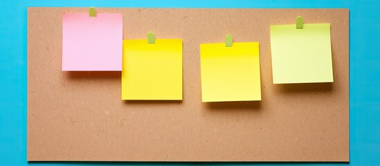 The cork board displays a vibrant arrangement of two empty sticky notes providing ample space for jotting down ideas 122 characters