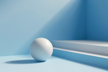 A white ball is placed on top of a minimalist blue floor - obrazy, fototapety, plakaty