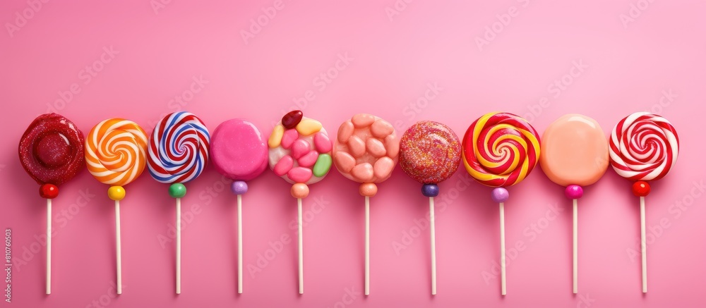 Poster A delectable assortment of lollipops arranged on a delightful pink background with the items placed neatly to create a flat lay composition Ample copy space is available for adding text