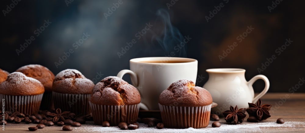 Aufkleber delicious homemade chocolate muffins and a steaming cup of white coffee sitting on a gray table back