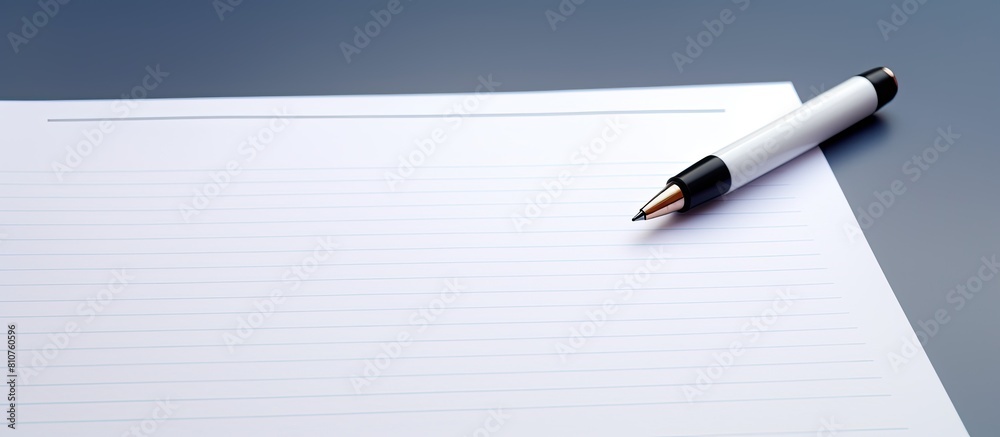 Poster a pen is pictured up close on a blank sheet of paper providing ample copy space for written content