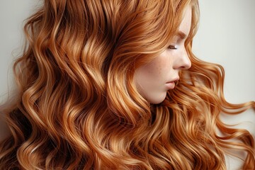 Fototapeta premium A woman with wavy hair showcases a shiny, healthy mane, styled with elegance and care