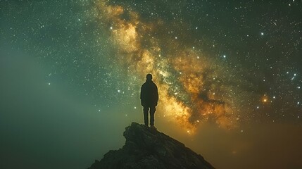 Fototapeta premium man standing on top of a mountain watching the milky over him