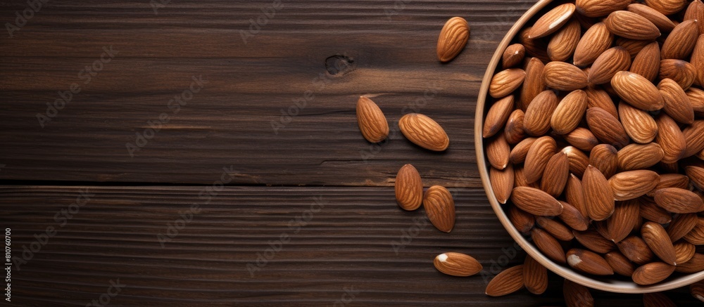 Poster A flat lay image shows almonds neatly arranged in a bowl while some are scattered on a wooden background There is plenty of copy space available in the image