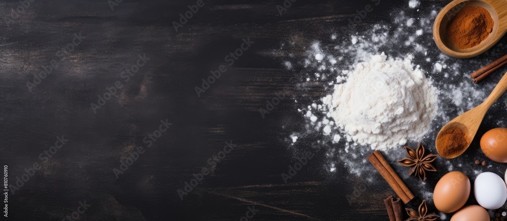 Poster A culinary background featuring baking ingredients like flour eggs sugar and a rolling pin on a black surface Top view with copy space image