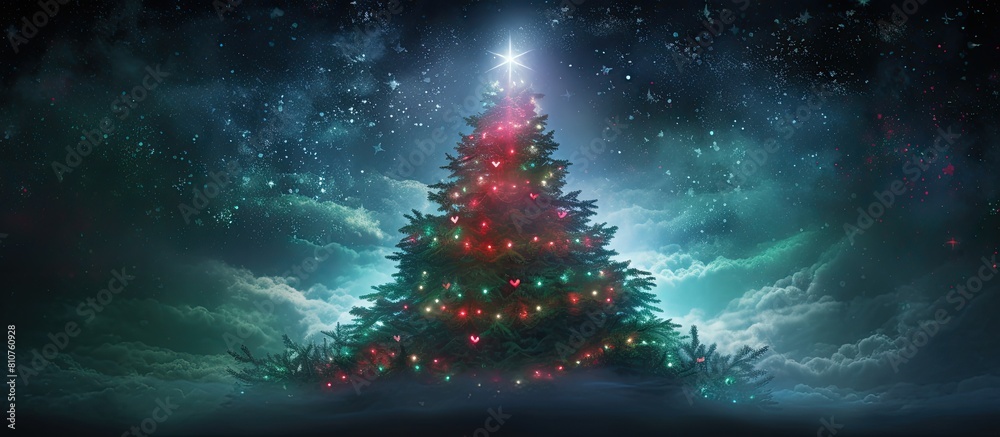 Aufkleber A vibrant Christmas tree with red lights and a hint of blue surrounded by lush green branches creating a stunning copy space image
