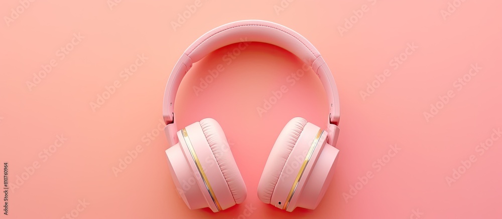 Poster Top view of headphones on a pink background creating a flat lay concept with copy space image