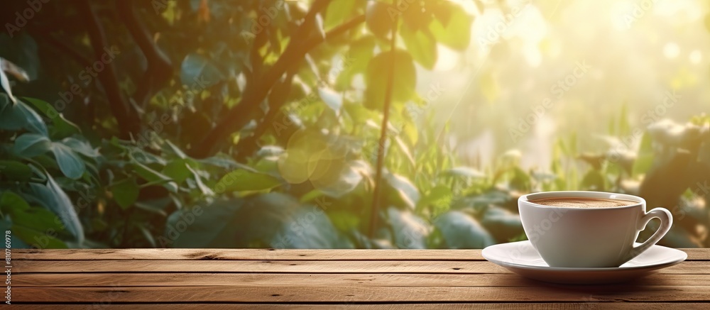 Poster an outdoor coffee scene with a white cup of coffee placed on a wooden table creating a cozy and rust
