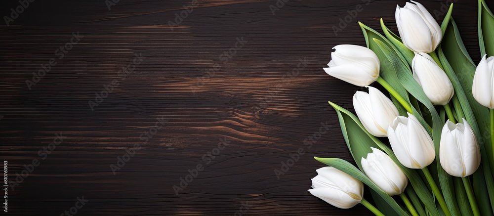 Poster Spring themed white tulips displayed on a dark wooden background creating an eye catching and visually appealing copy space image