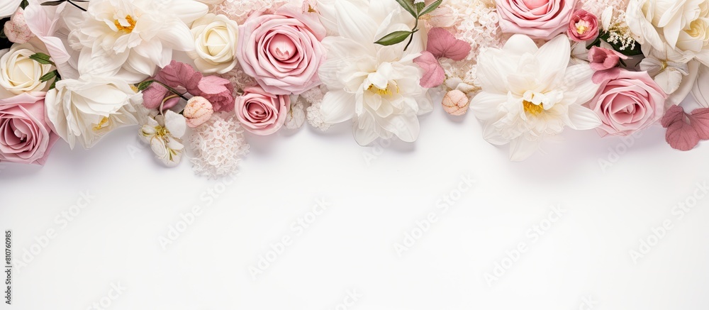 Aufkleber The image shows a floral arrangement with white and pink flowers on a white background It is a top down view with empty space for text This is a mockup. Creative banner. Copyspace image