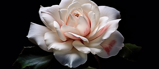 A vintage style painting of a white and pink rose blossom is captured in a detailed close up photograph with a black background and a painted aesthetic. Creative banner. Copyspace image