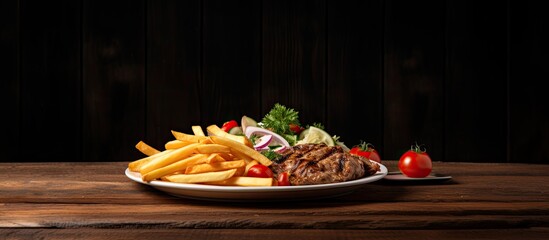 A plate containing kebab vegetables and french fries placed on a wooden table with ample blank...