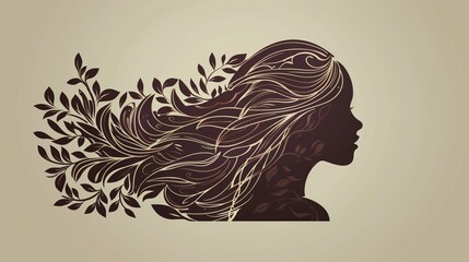Artistic vector silhouette of a Peace Goddess, her hair flowing like waves, intertwined with symbols of peace like olive leaves