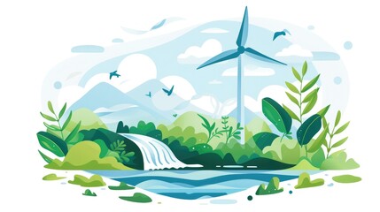 Illustration for Earth Day featuring a vibrant mix of elements like lush greenery flowing water clear skies fluffy clouds and a majestic wind turbine