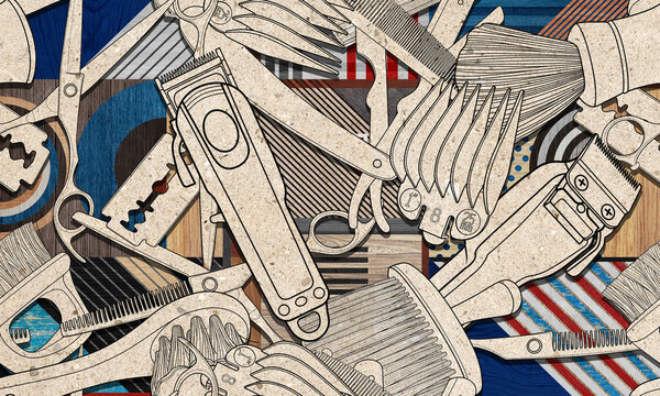Seamless barber tools pattern illustration wood textured background and wallpaper design.	