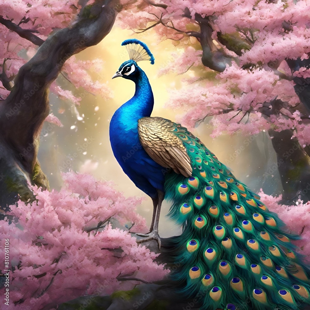 Canvas Prints a painting of a peacock standing on a tree branch under a blossomy tree