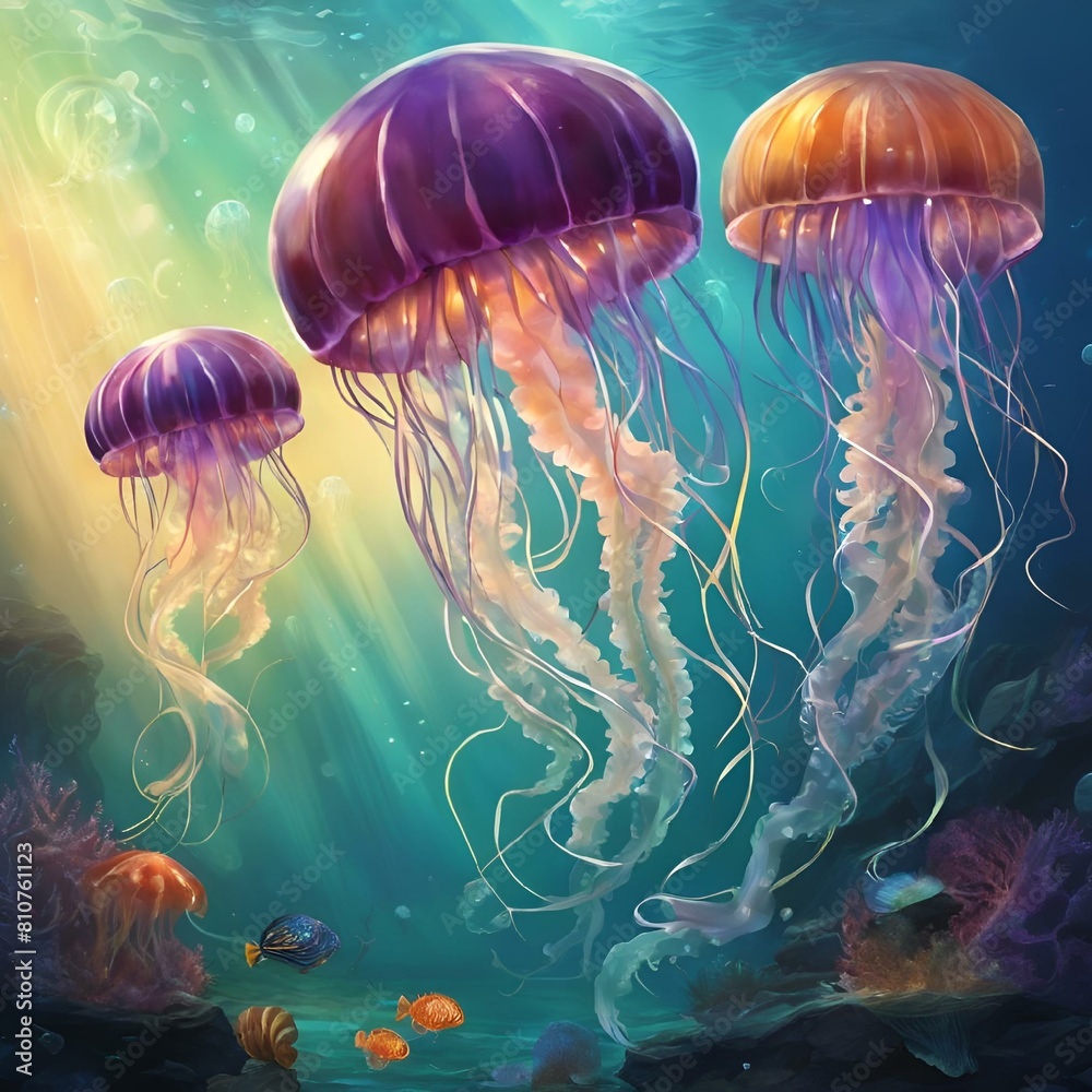 Wall mural AI generated illustration of Sunlit jellyfish floating underwater