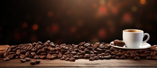 A wooden table decorated with coffee cups and roasted coffee beans provides a backdrop for your text in this copy space image