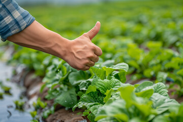 Close-up of a farmer's hand giving a thumbs up over vibrant green lettuce crops, Concept of sustainable agriculture, organic farming, and healthy food.