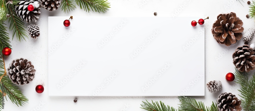 Poster a festive christmas and new year holiday display featuring a blank white paper framed by natural fir