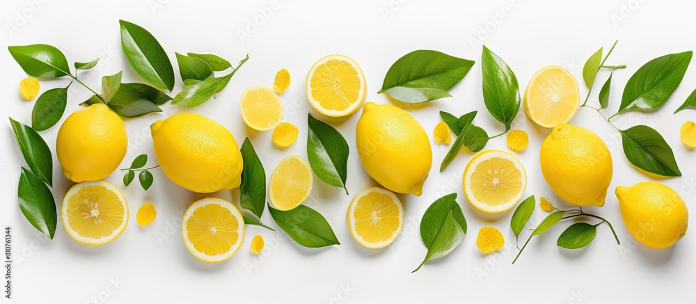 Aufkleber A lemon complete with leaves and slices is shown isolated on a white background allowing for copy space to add your own text The photograph is taken from a top down perspective known as a flat lay