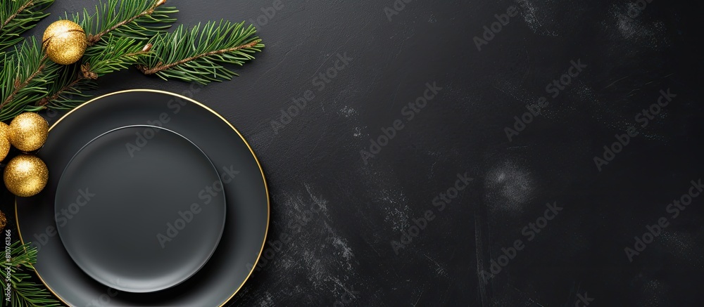 Poster top view of a christmas table setting on a black stone background the elegant arrangement includes a