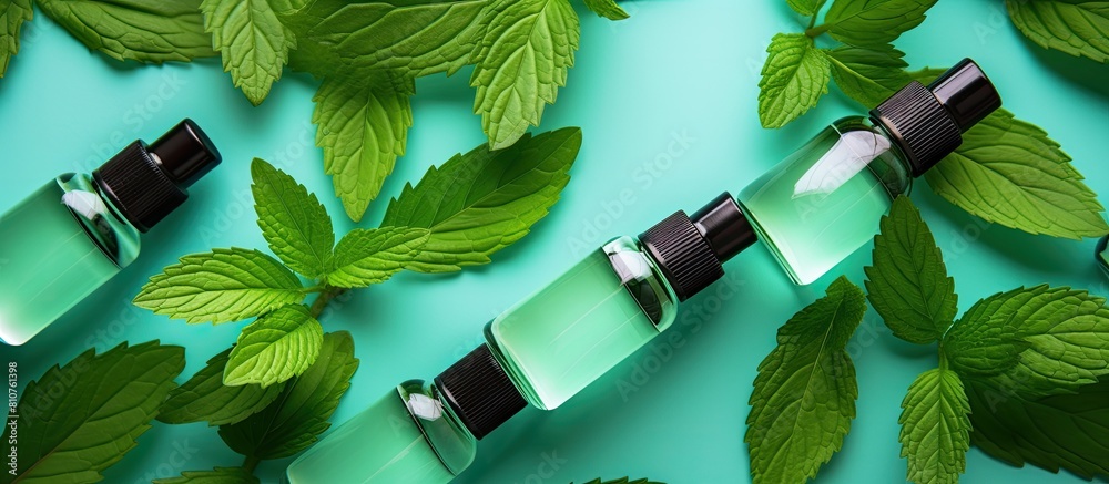 Poster Top view of men s cosmetic bottles with mint leaves on a colorful background creating a visually appealing copy space image