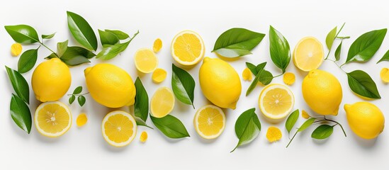 A lemon complete with leaves and slices is shown isolated on a white background allowing for copy space to add your own text The photograph is taken from a top down perspective known as a flat lay