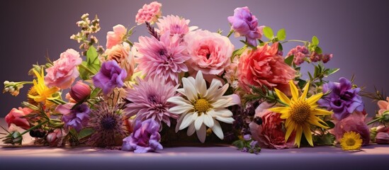 Close up of a colorfully arranged bouquet of pink violet and yellow flowers on a table set for dinner with plenty of copy space for any image