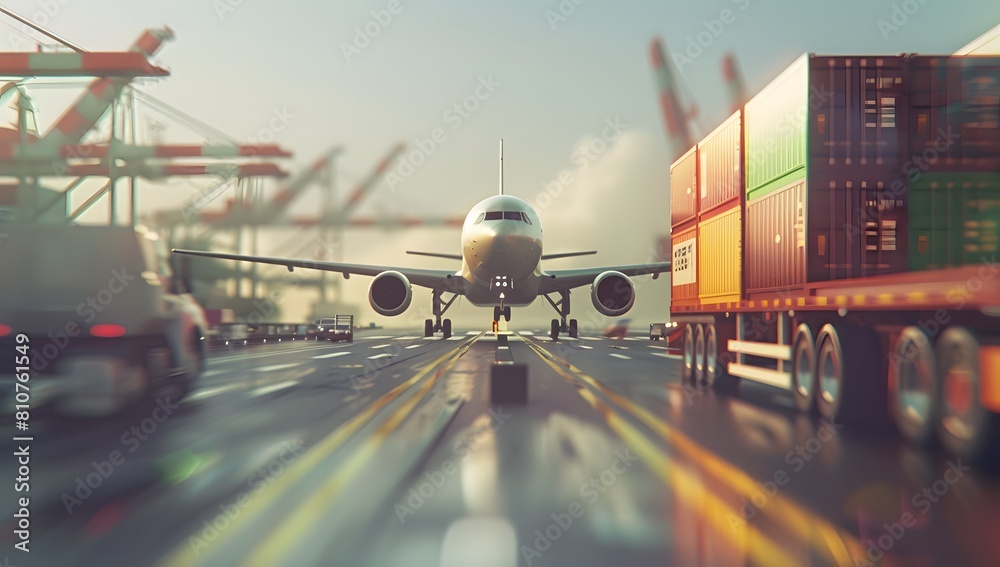 Wall mural Photo of an airplane, cargo ship and truck on the highway with containers in background. On the left side is a white plane parked at an airport runway, next to it there's a yellow semitruck carrying a