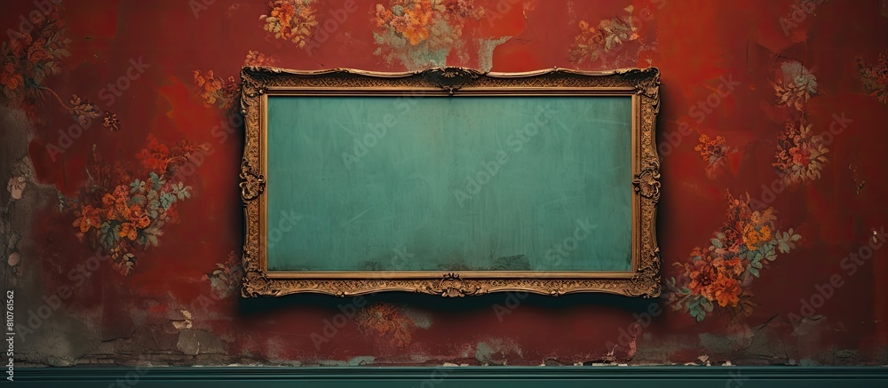 Poster on the vibrant vintage wall there is a wooden picture frame providing ample space for adding an imag