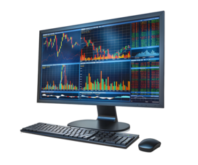 A business computer with stock market graph or forex and cryptocurrency isolated on white transparent background, PNG File. Perfect for clipart	
