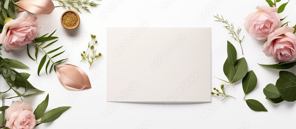 Poster an overhead view of a workspace featuring wedding invitation cards craft envelopes pink roses and gr