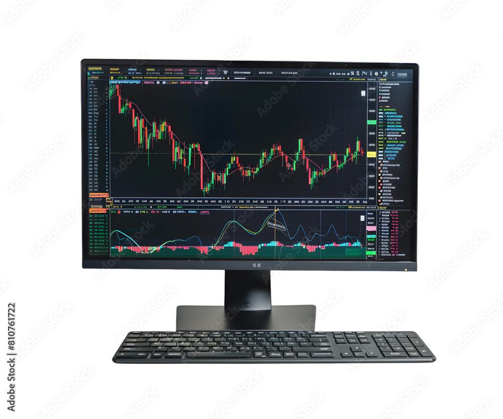 Wall mural A business computer with stock market graph or forex and cryptocurrency isolated on white transparent background, PNG File. Perfect for clipart	
