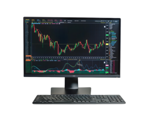 A business computer with stock market graph or forex and cryptocurrency isolated on white transparent background, PNG File. Perfect for clipart	
