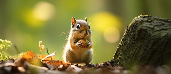 Obraz premium Tamias the adorable chipmunk can be seen stuffing an acorn in this captivating copy space image