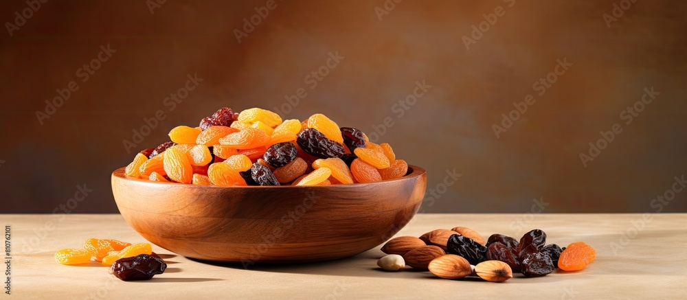 Poster a wooden bowl on a beige ceramic table filled with a mix of apricots raisins and nuts ample copy spa