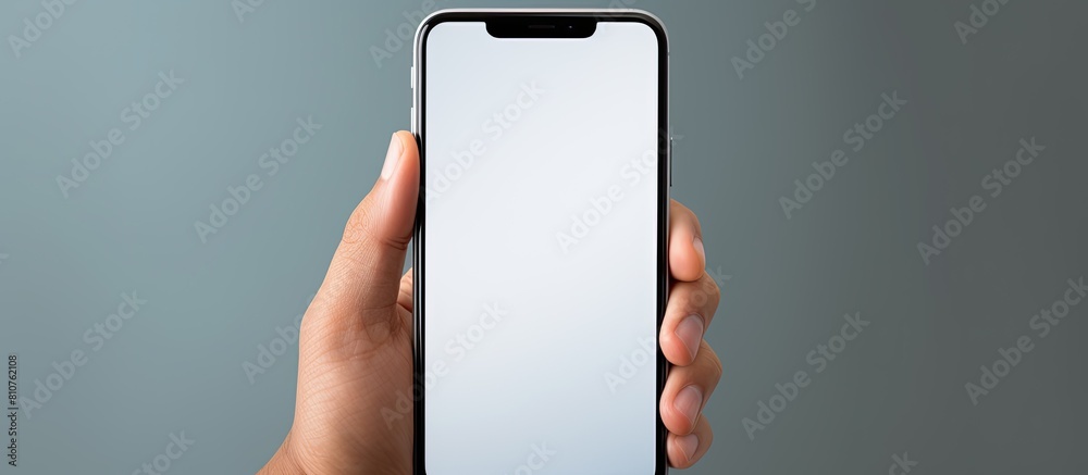 Aufkleber in the morning a man s hand taps on a smartphone with a white screen while a television screen serve