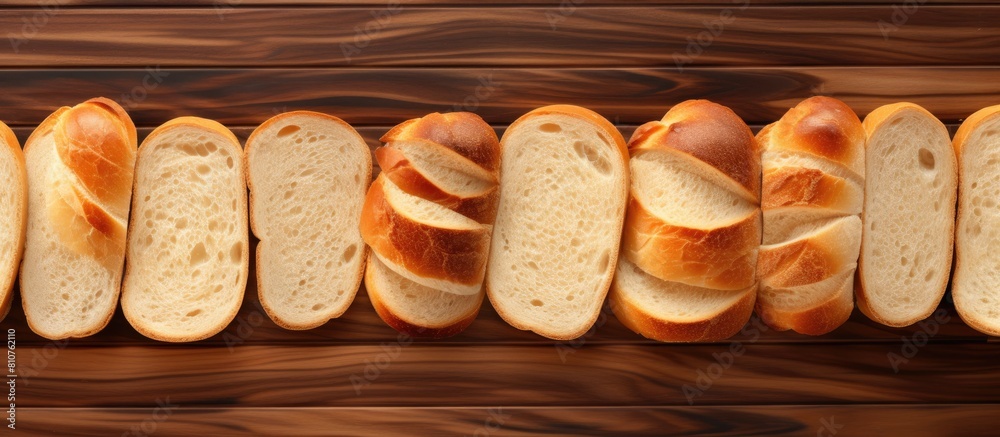 Poster a close up copy space image of bread slices arranged on a wooden board