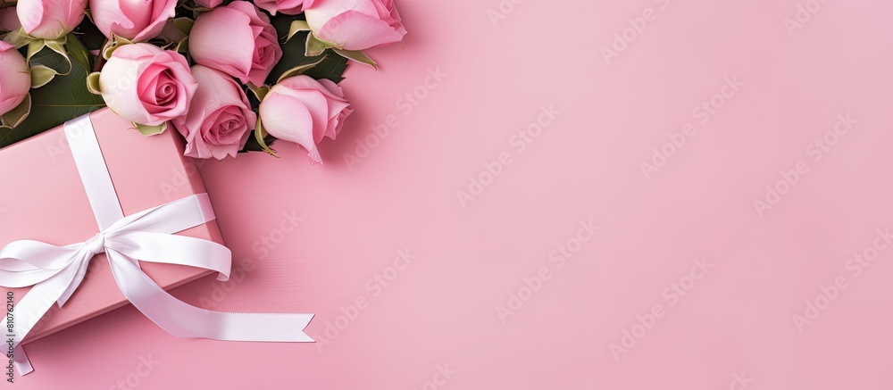 Poster A top down view of a cluster of pink roses a white gift box a notebook and a vintage ribbon on a pink backdrop This setup is perfect for mother s day Valentine s day or a wedding event There s ample