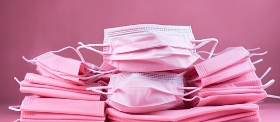 A pink stock photo featuring a pile of medical face protection masks with copy space image