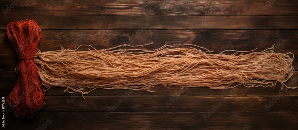 Poster a copy space image of spaghetti tied with twine sits atop a rustic wooden table viewed from above