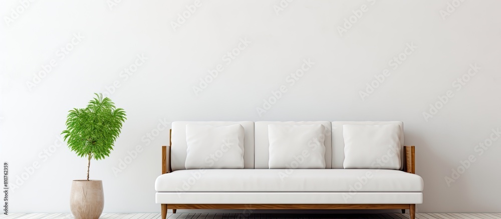 Poster there is a copy space image of a laptop placed on a sofa against a white wall background